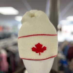 Vintage Cream Beanie with Red Maple Leaf